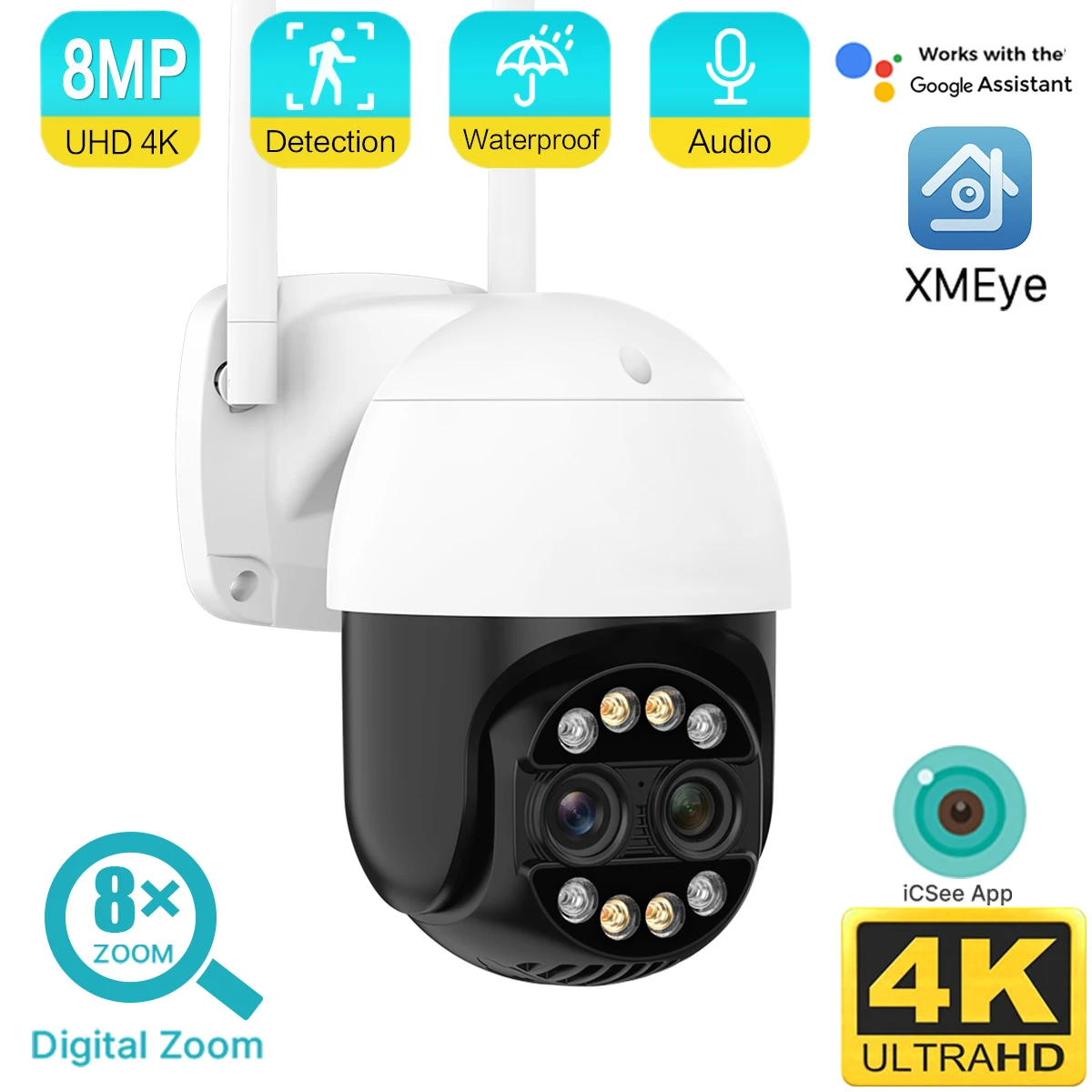 

4K 8MP Dual Lens Smart Wifi PTZ Camera 8x Digital Zoom AI Human Detection Auto Tracking ONVIF Wireless CCTV Security IP Camera