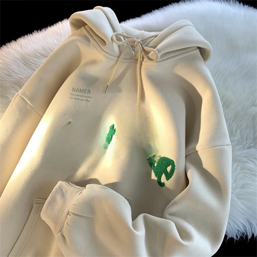 

Толстовка с флисовой подкладкой для пар, весенне-осенний повседневный топ, винтажная уличная одежда в гонконгском стиле, свободный крой, толстовка с принтом