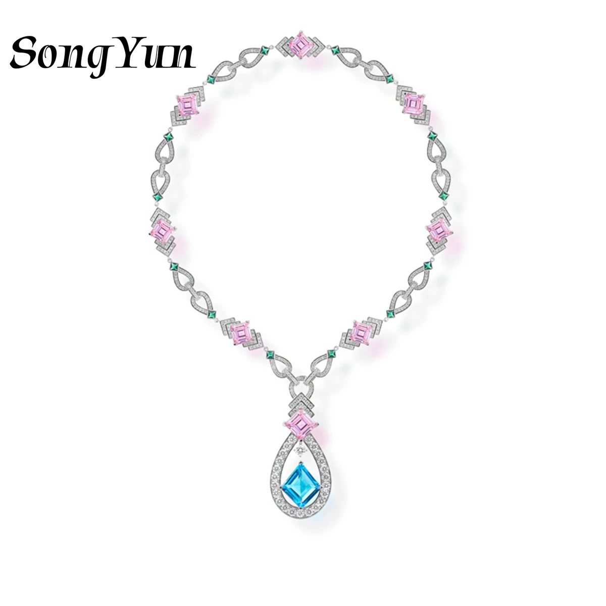 

SY Luxury Jewelry Sea Blue Gemstones Sweater Chain Necklace 925 Sterling Silver Square Pendant Necklaces Evening Collar Chain