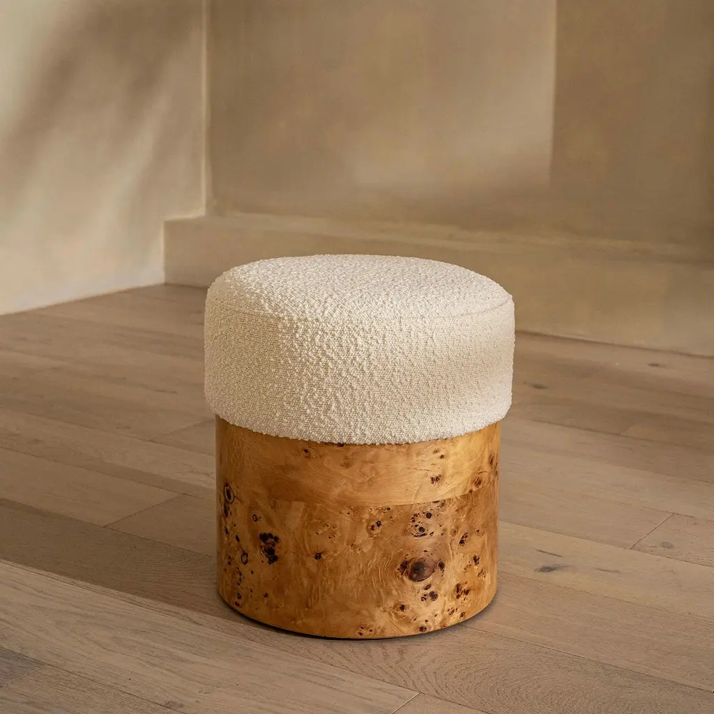 #Contemporary LivingRoom Round Burl Veneer Wood Ivory White Boucle Upholstered Ottoman Bedroom Fun Cozy Makeup Stool for Bedroom