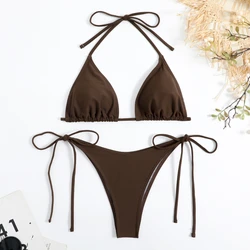 Costume da bagno da donna sexy perizoma tinta unita con cravatta laterale allacciata al collo costume da bagno da donna con cinturino diviso regolabile costumi da bagno brasiliani