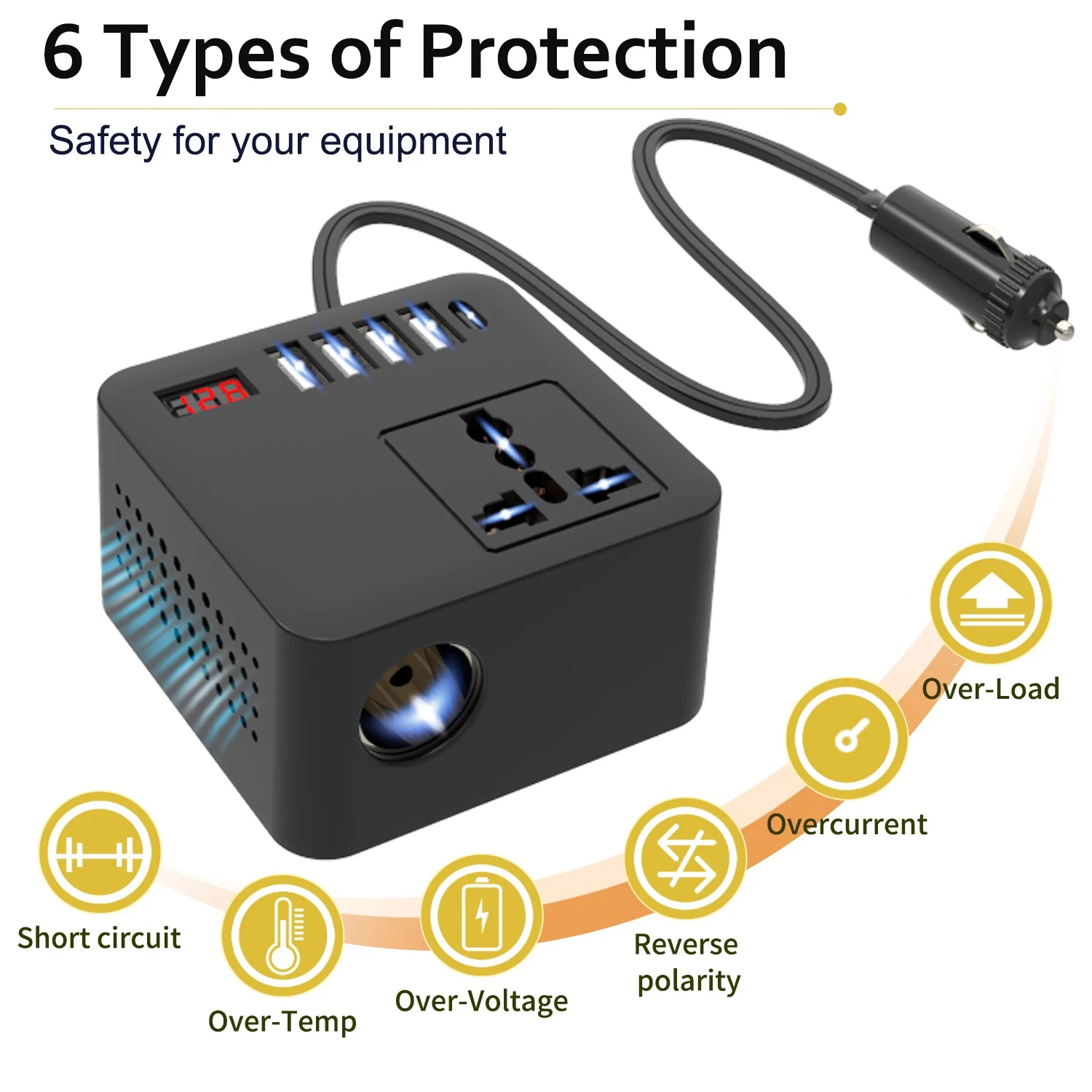 Inversor de Corriente Portátil para Auto de 150W/300W con Puertos USB de Carga Rápida y Tomacorriente de CA, de 12V/24V CC a 120V/220V CA para Uso en Vehículos