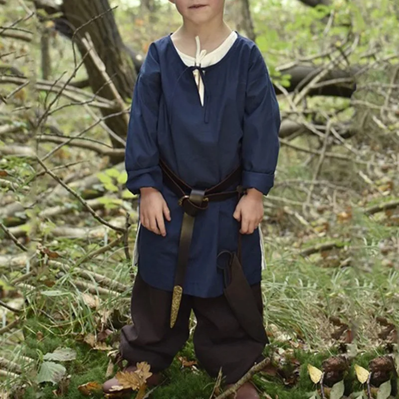 Camisa larga Medieval de lino para niños, Tops de disfraz de arquero, Túnica de Halloween, traje para niños