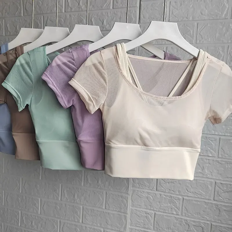 Mesh Fake Two-piece Short-sleeved Yoga Clothes with Chest Pads for Women, Tight-fitting Slimming Sports Tops Fitness Clothes