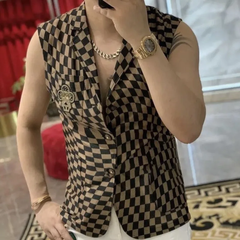 

American Fashion Sleeveless Cardigan Vest High-quality Summer New Trend Men's Suit Collar Checkered Top Male Clothing