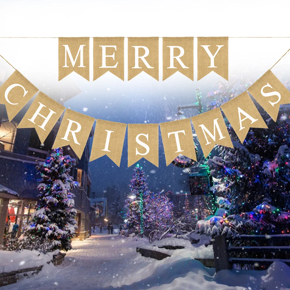 

Merry Christmas Letter Bunting Banner Linen Burlap Swallowtail Pull Flag Party Decoration Indoor Outdoor Christmas Banner