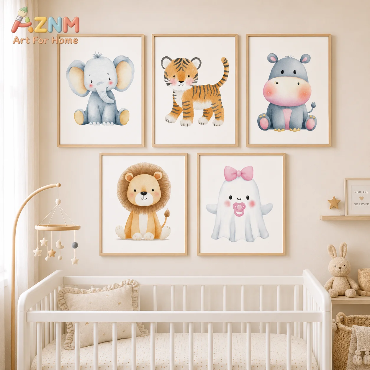 AZNM Watercolor Safari Animals Canvas Wall Art Print Cute Elephant Tiger Lion Ghost Poster for Nursery Kids Room Decor