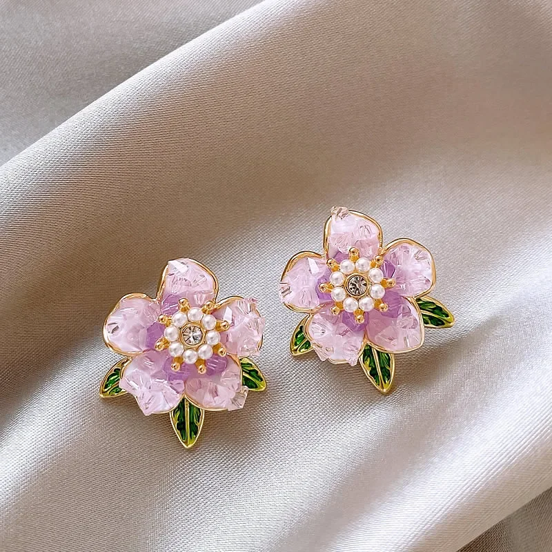 Purple camellia stud earrings women's new popular French  luxury earrings