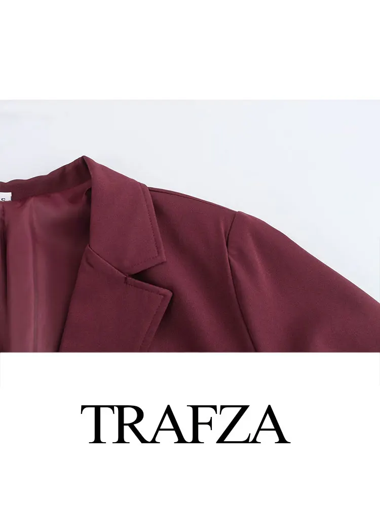 TRAFZA Women's Retro Loose Windbreaker Jacket Burgundy V-neck Single-breasted Buttoned Women's Mid-length Pocket Casual Jacket