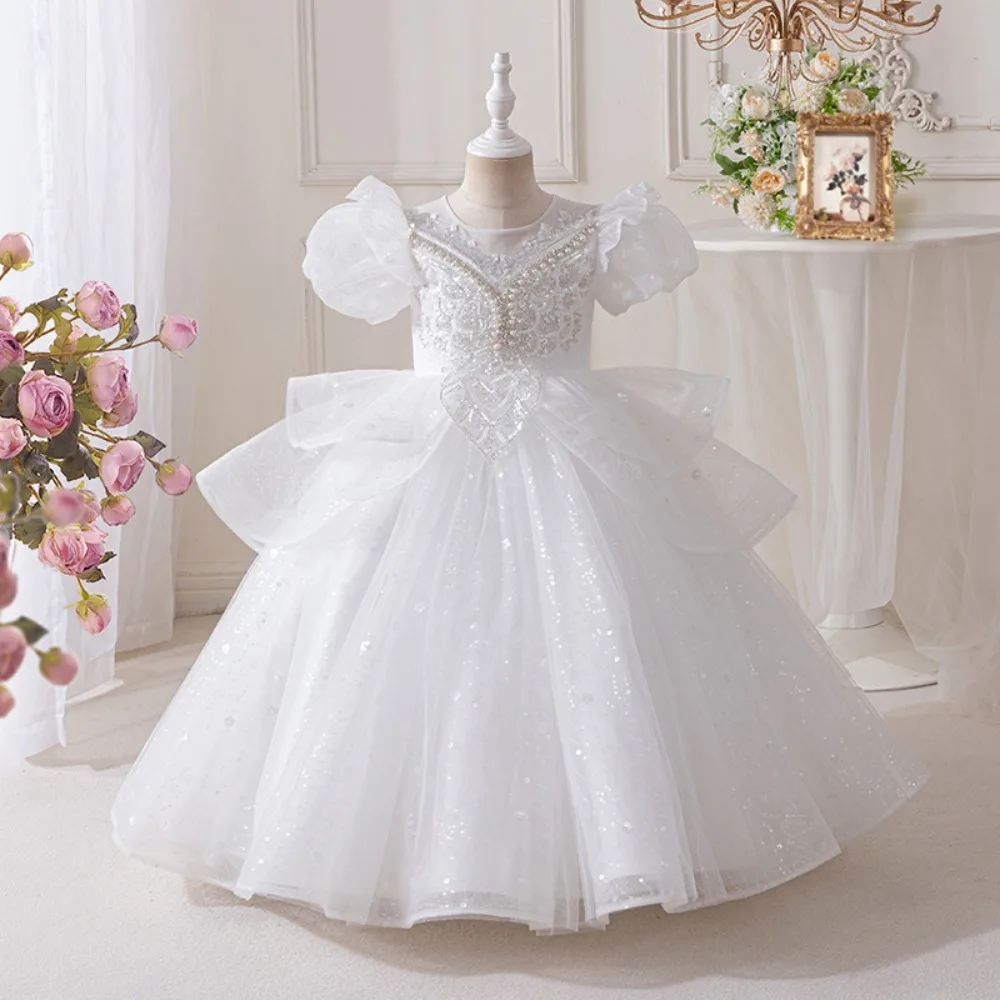 Custom Luxury Dress Women Wedding Guest Dress Flower Girl Wedding Gown Birthday Party Pageant Runway White Sequin Tulle Beaded