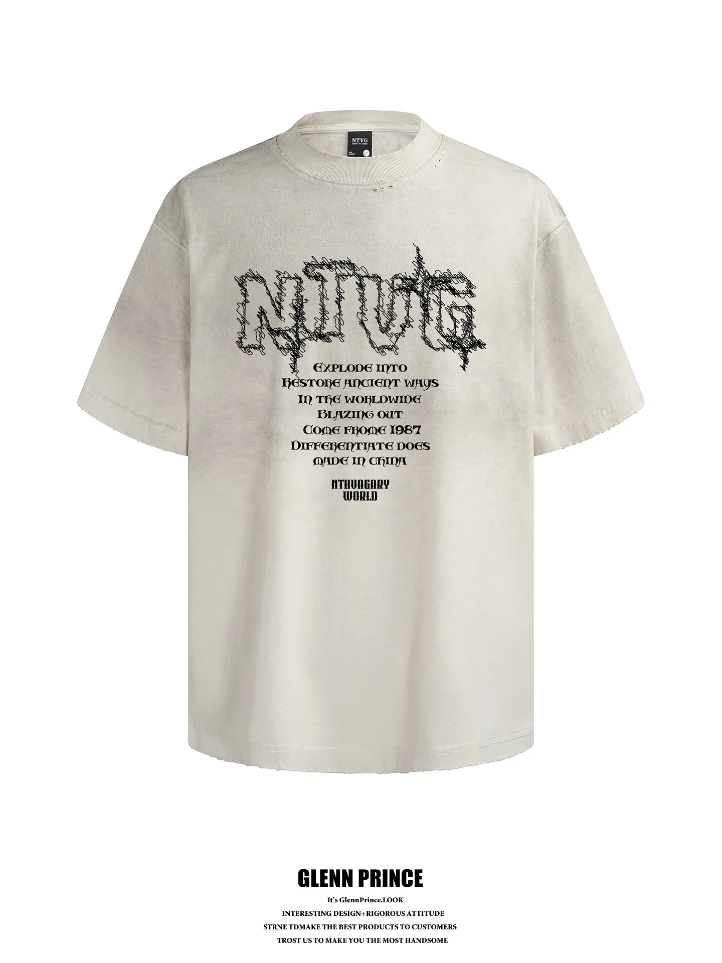

Washed Cotton Short Sleeve T-Shirt Men's Retro American Vine Letter Print Loose Fit Breathable Casual Summer Fashion Brand