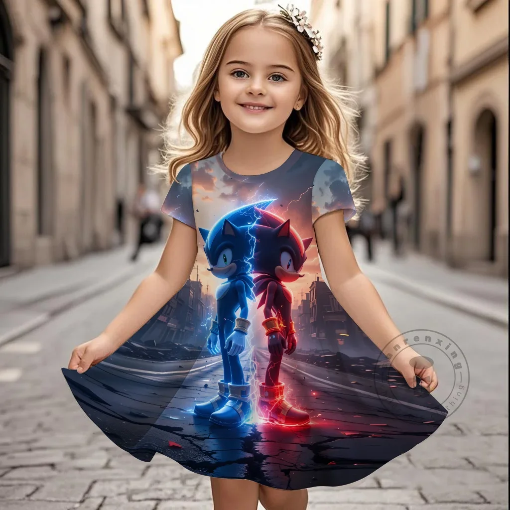 

2025 Summer Girls Gift Short Sleeve Dress Original Cute Sonic 3D Print Kids Skirt Fashion Performance Clothes Child Casual Wear