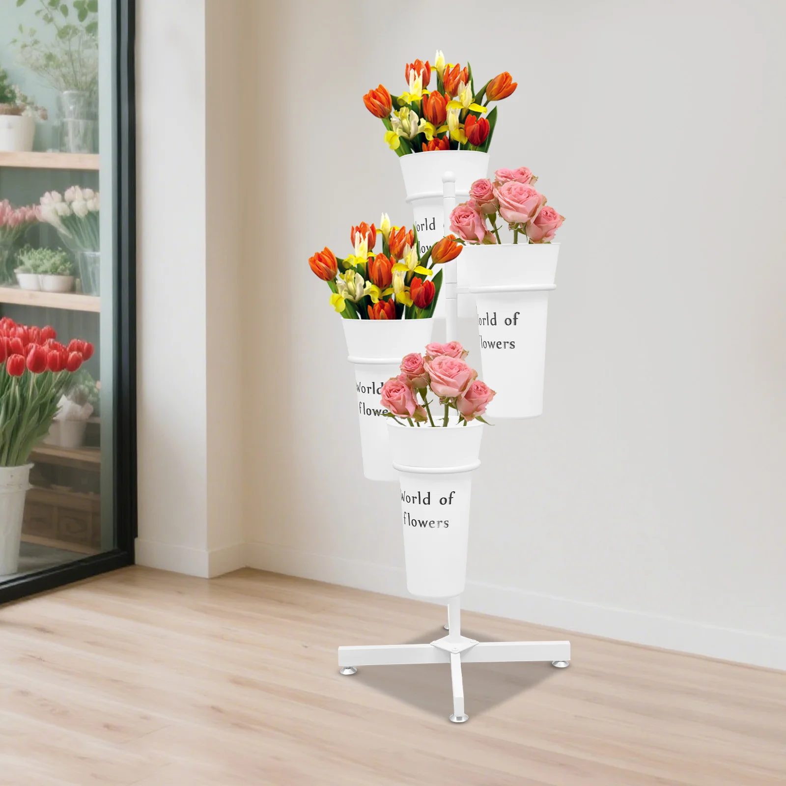 

Floral Stand with 4 Buckets, Flower Display Stand, 4 Tier Florist Shelf Plant Cart for Flower Shop, Garden, Living Room, White
