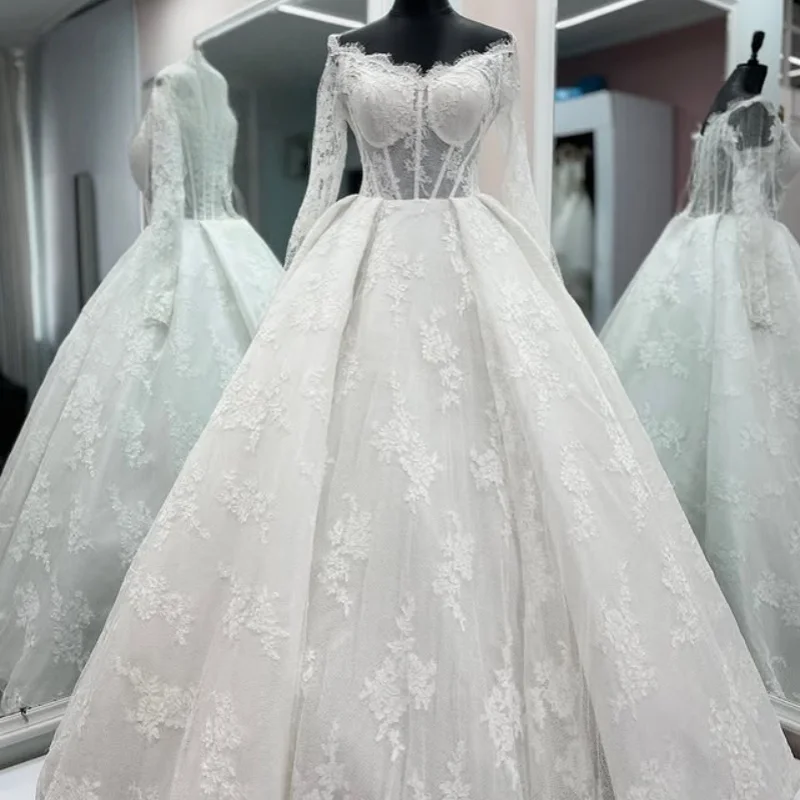 White Appliques Wedding Dresses Lace Flower Decal long tail Detachable A-line tail long sleeves Made wedding dress Bridal