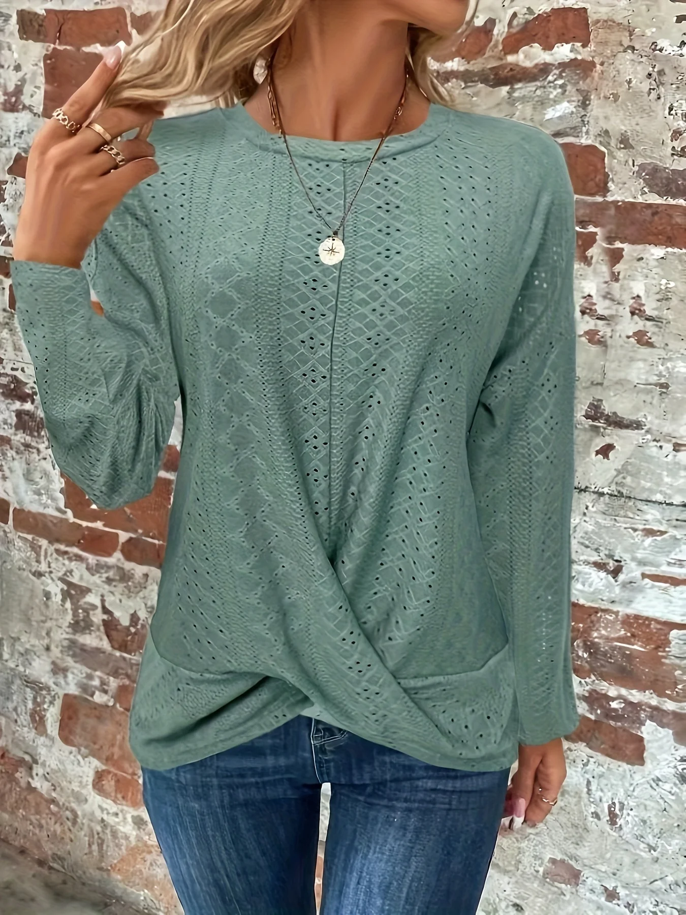 

Elegant Knitted T-Shirt Pure Color Twist Knot Long Sleeve Eyelet Embroidery Shoulder Drop Style Comfortable Fit Casual Top