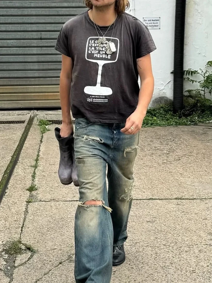 

Джинсы No Faith Studios свободного кроя с эффектом грязевого окрашивания, ручной росписью, потертостями, прямые, повседневные, молодежные, модные, из плотного денима