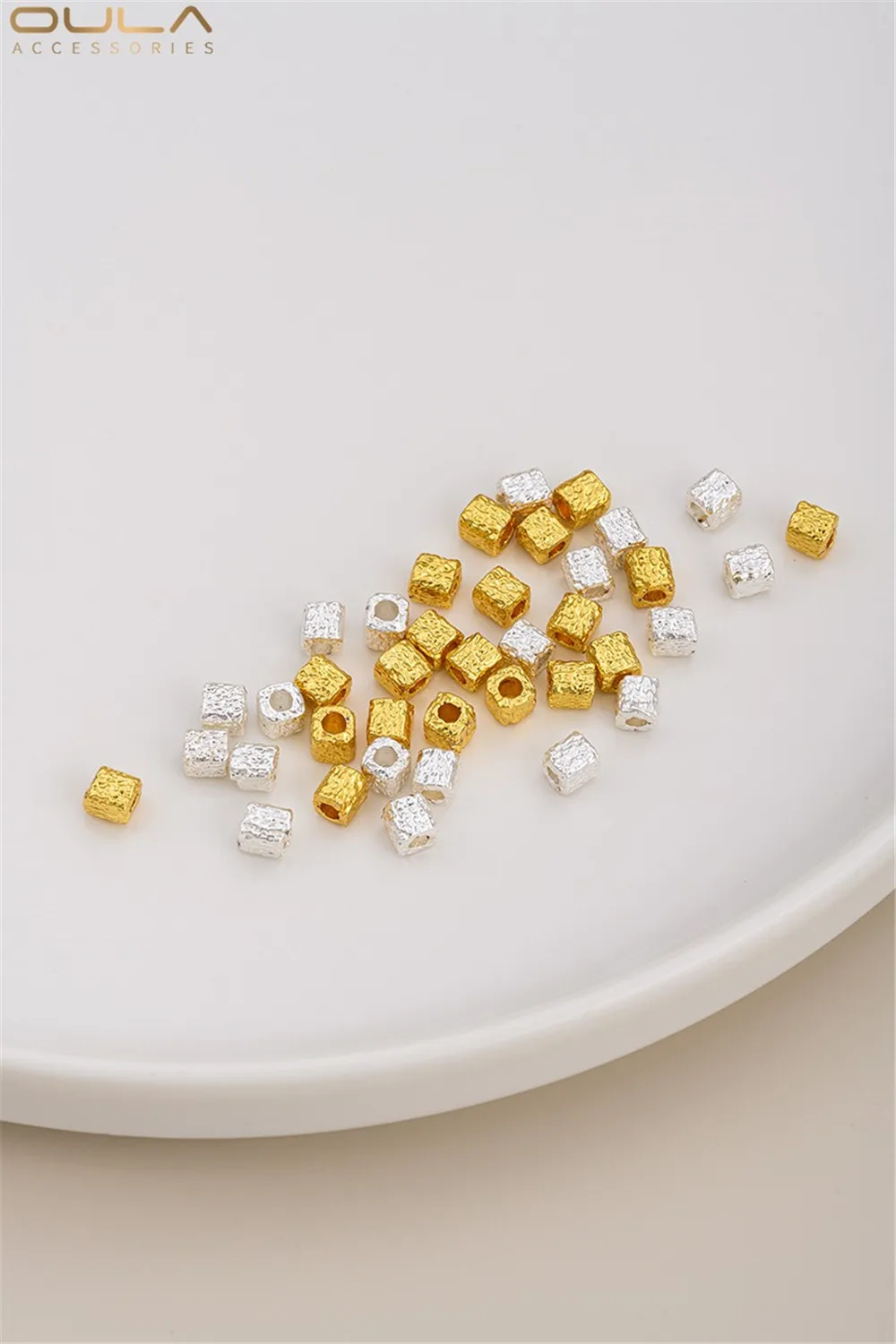 18K Gold and Silver Hammer-patterned Meteorite-faced Small Square Beads Handcrafted Loose Beads Diy Bracelet Necklace Accessory