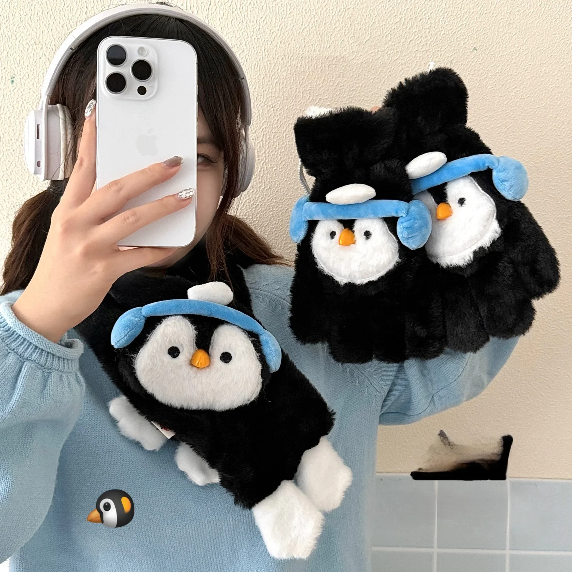 

New Black Cute Cartoon Penguin Warm Glove Scarf for Girls in Autumn and Winter with Velvet Cycling Five Finger Cover