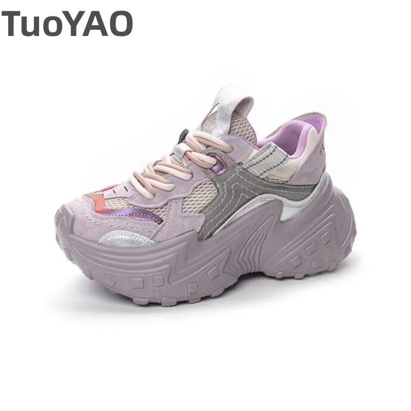 

5cm Chunky Sneakers Spring Mixed Color Ankle Sandals Shoes New Air Mesh Genuine Leather Booties Flats Breathable Women