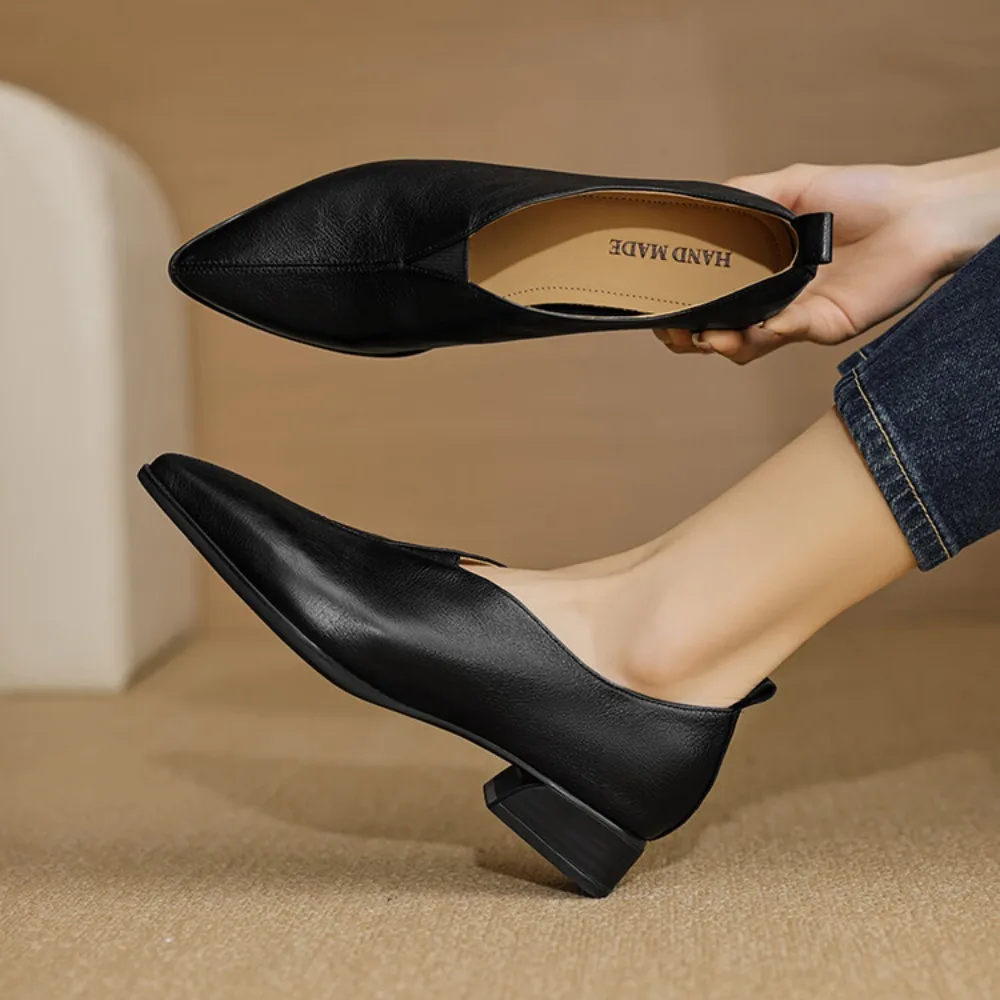 Women Flat Shoes Genuine Leather Sheepskin Comfort Flats Slip On Black Brown Simple Shoes Spring Autumn Soft Loafers Pointed Toe