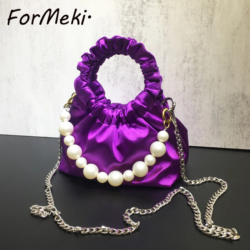 2023 New Women Evening Clutch Bag Satin Pleated Women Handbag Dinner High -Level Pearl Chain Crossody Bag