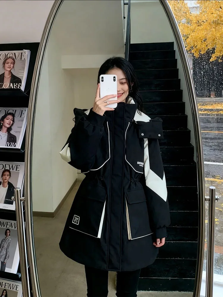 

Женская утепленная парка с капюшоном, контрастная, в корейском стиле, свободного кроя, новинка зимы