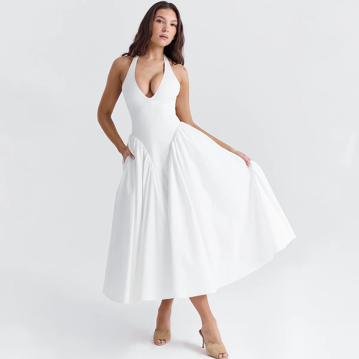 Suninbox Summer Maxi Dresses for Women 2024 Tulle Skirt Halter White Party Dresses Elegant Sexy Backless Long Dresses