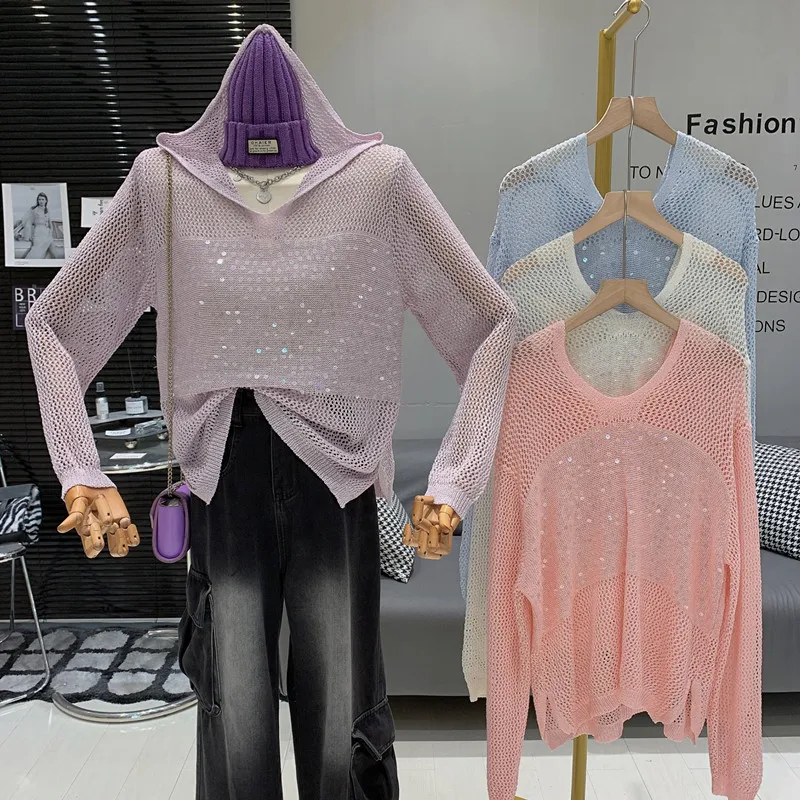 

Elegant ladylike sequin hooded design hollow out loose and slimming effect versatile fashion and sweet top for women