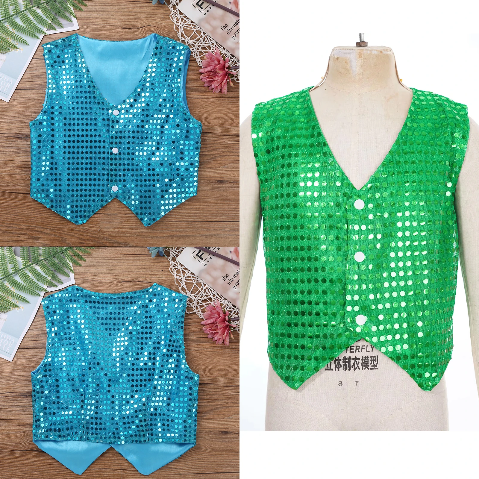 

Girls Boys Sequined Vest Waistcoat Hip Hop Jazz Street Dance Vest Birthday Christmas Halloween Stage Performance Shinny Vest