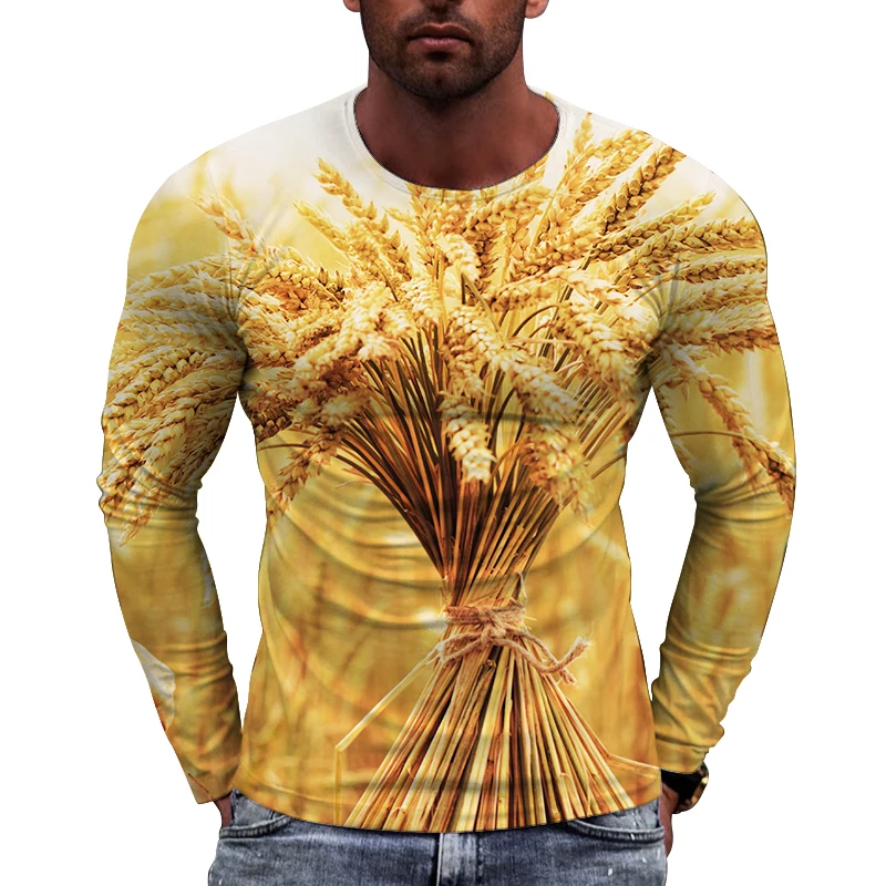 New Tide Rippling Wheat Fields  Pattern  European Size long Sleeved T-shirt For Men's Casual Autumn Trend Top Round Neck Tees