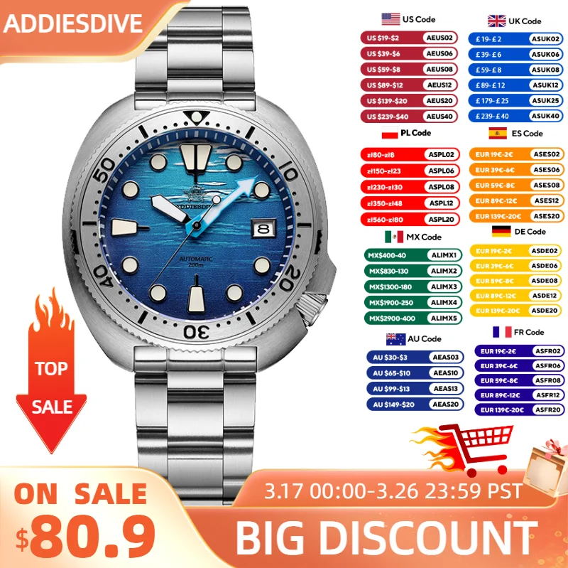 

ADDIESDIVE Automatic Watch Men Sapphire 3D Sea Dial NH35 Mechanical 200m Diving Wristwatch Stainess Steel BGW9 Luminous Watch