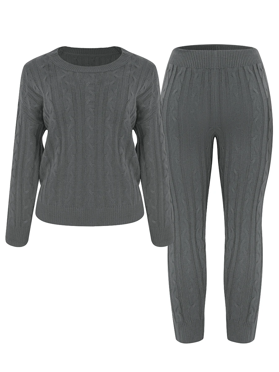 LW Solid Sweater Drop Shoulder Cable Knitted Matching Two-piece Set, Women Casual Long Sleeve Sweater & Pants Outfits