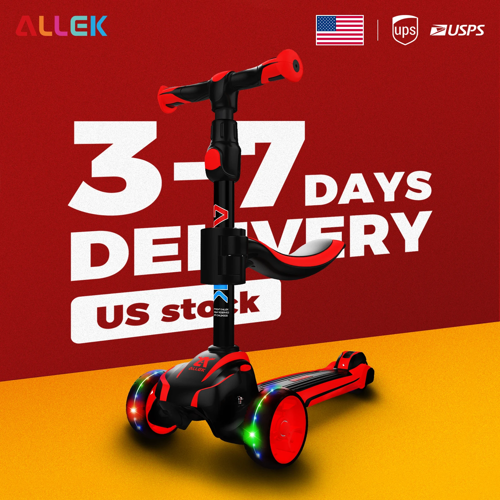 

Allek 2-in-1 Kids Kick Scooter 3 Wheel Light Up Push Scooter with Height Adjustable Removable Seat for Children 3-12yrs Outdoor