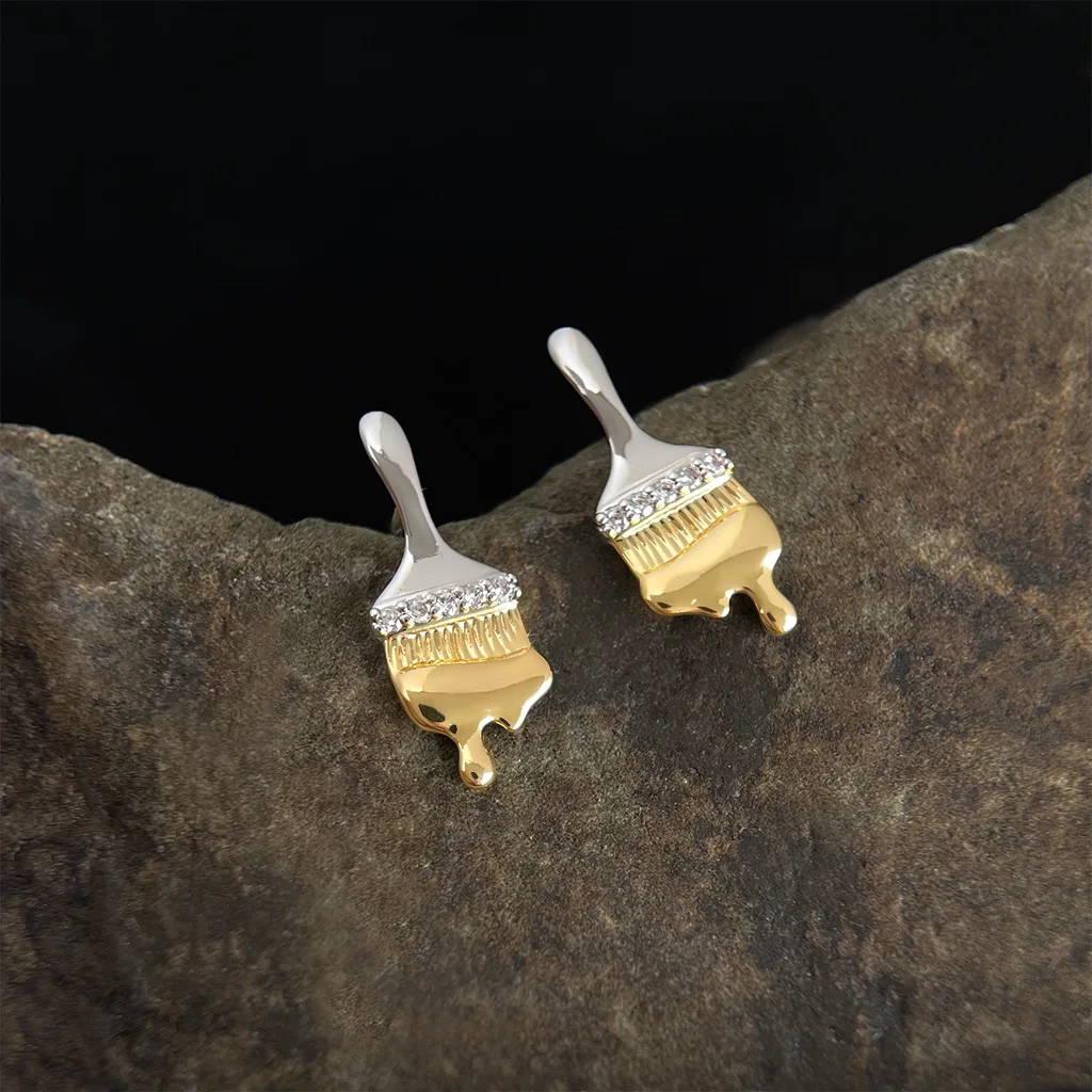 

Niche Light Luxury Oil Brush Earrings Liquid Zircon Personalized Women's Ear Pins & Clip-on