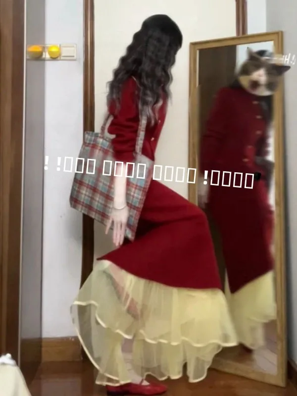 

Красный женский модный комплект: пальто и юбка миди, осенний, комфортный, с высокой талией...