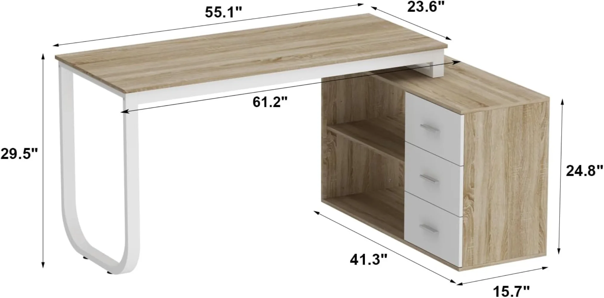 Homsee Home Office Computer Desk Corner Desk with 3 Drawers and 2 Shelves, 55 Inch Large L-Shaped Study Writing Table with