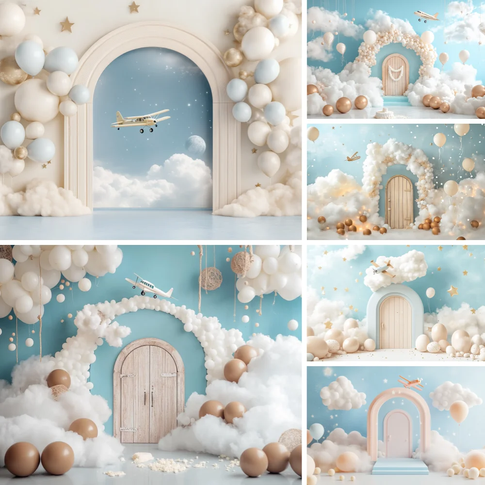 

Photography Background Baby Shower Cake Smash Kids Birthday Portrait Photo Backdrop Sky Clouds Airplane Balloon Decor Props