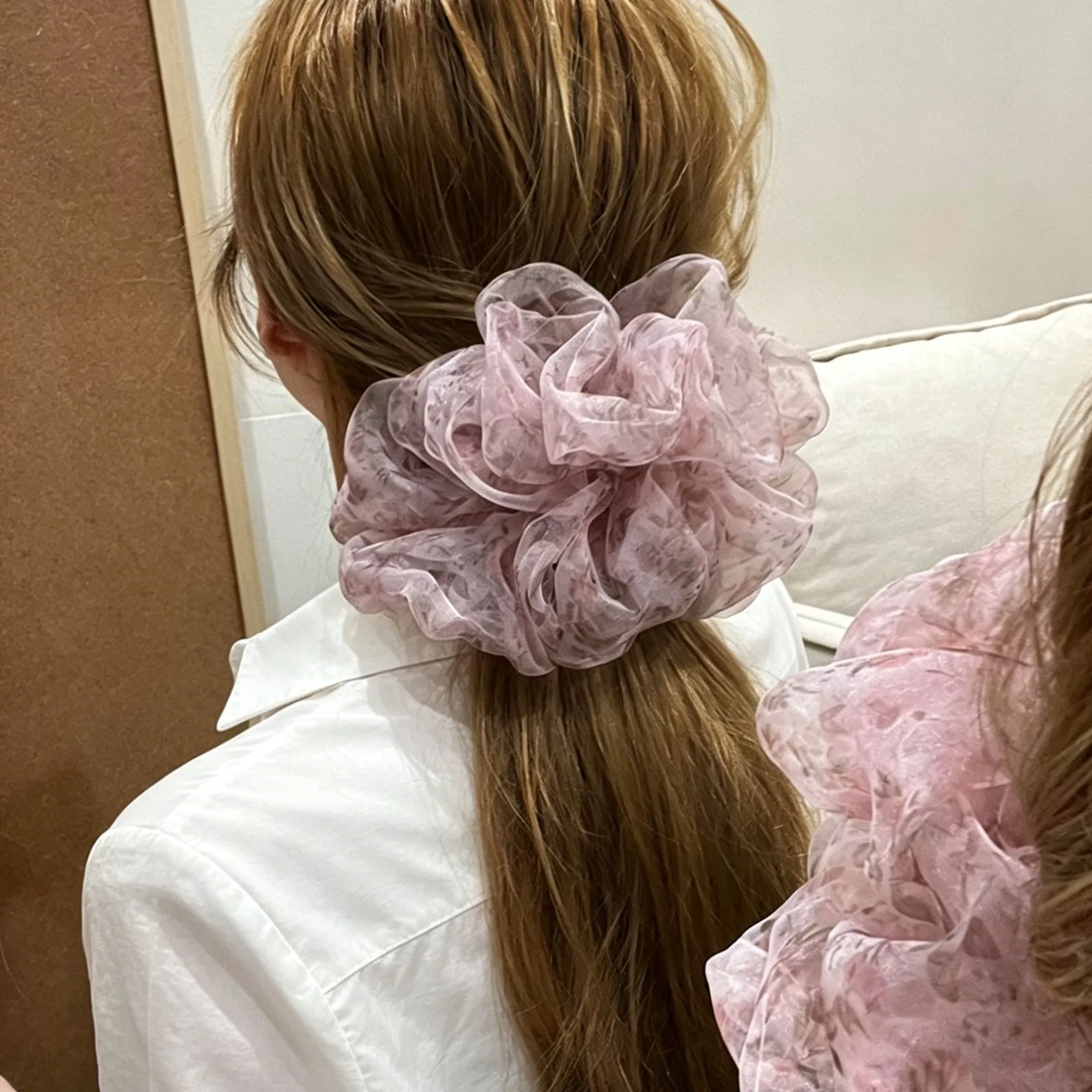 Scrunchie French Organza Floral Print Oversized Soft Gentle Stylish Premium Elastic Ponytail Holder for Women Daily Office Wear