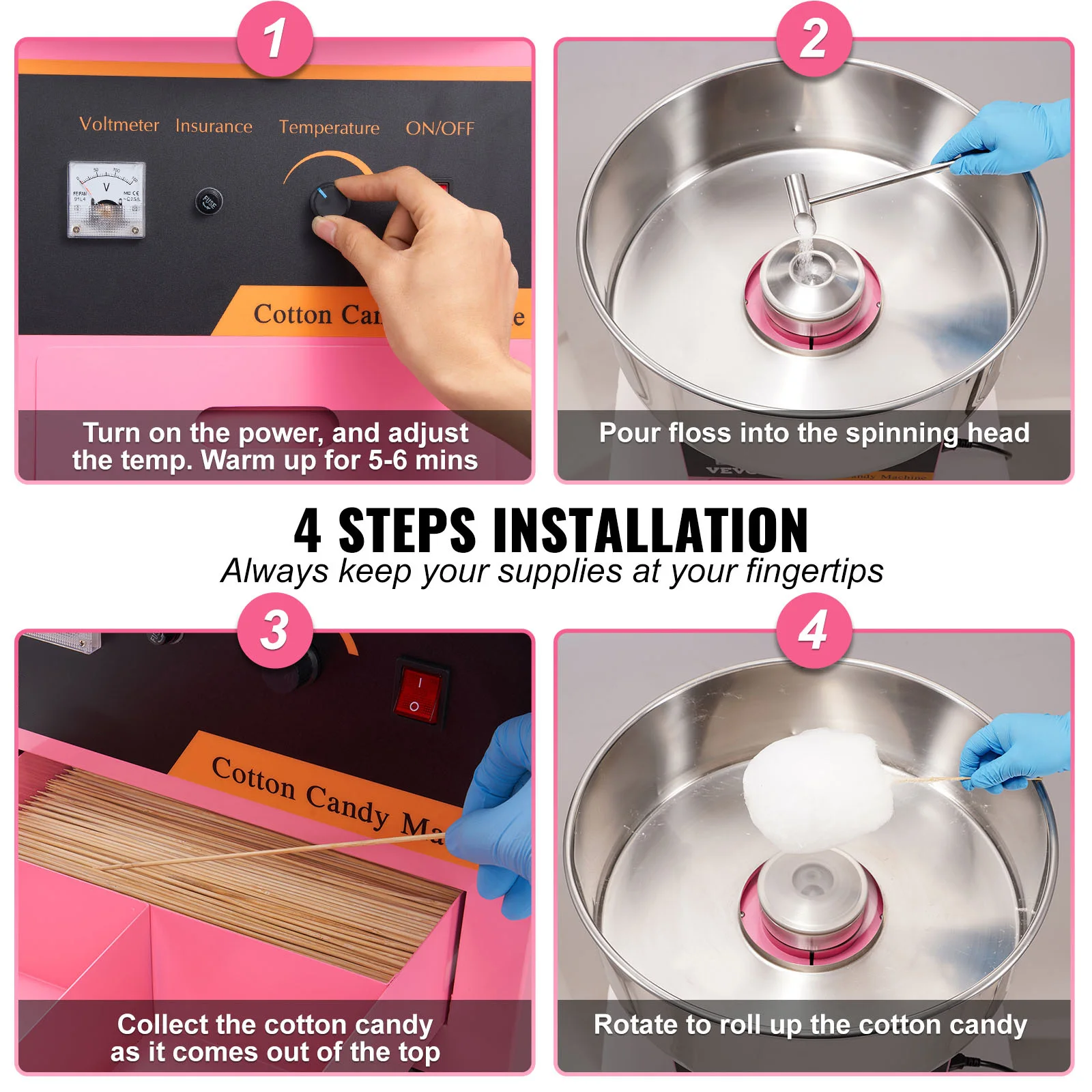 ماكينة حلوى القطن الكهربائية من SucceBuy، ماكينة صنع الخيط التجارية مع وعاء من الفولاذ المقاوم للصدأ، درج مغرفة السكر لحفلات أعياد الميلاد #6