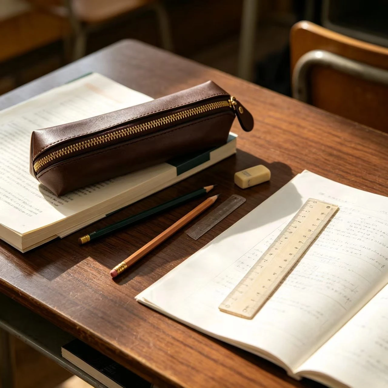 Vintage Leather Pencil Bag Simple Stationery Hoder Pen Case Storage Bag Zipper Pencil Pouch Glasses Box School Supplies