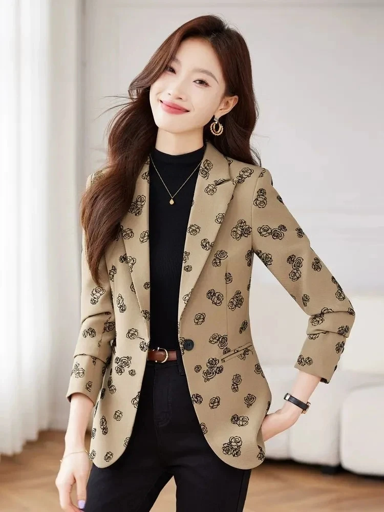 Female Spring Autumn 2025 New Slim Fit Retro Rose Print Suit Jacket Blazers