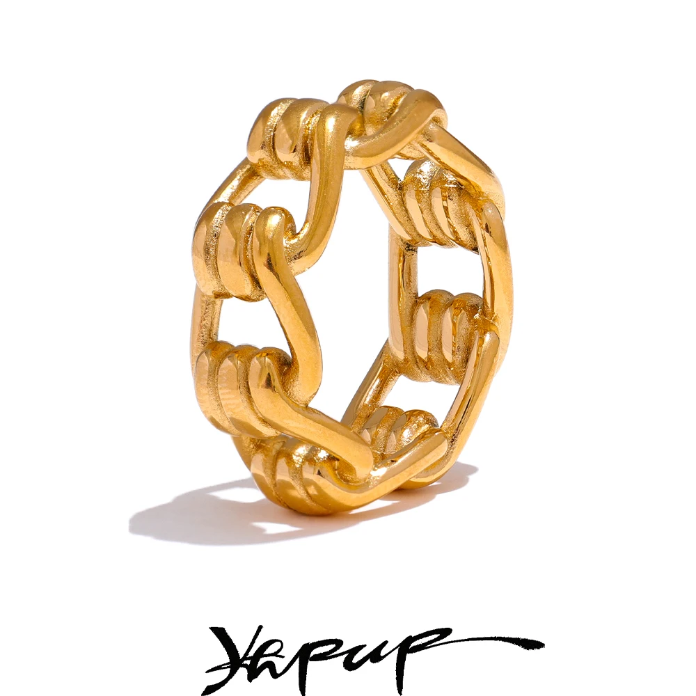 Yhpup Bireysel Paslanmaz Çelik Zincir Içi Boş Yüzük Suya Dayanıklı Metal Bildirimi Altın Renk Charm Parmak Takı Yeni