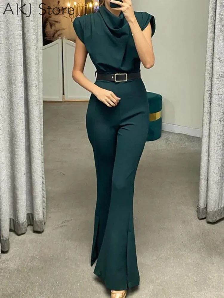 

Women Green Cowl Neck Split Flared Leg Jumpsuit Without Belt