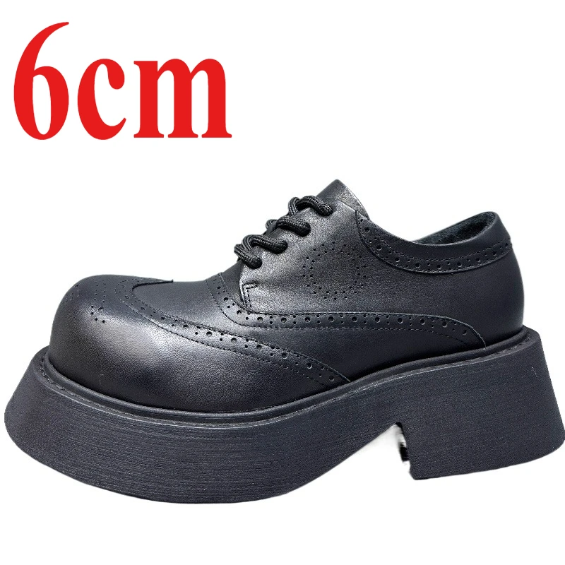 European Wide Version Derby Shoes for Men's Genuine Leather 6cm Thick Bottom Height Increasing Shoes Brock Carving Leather Shoes