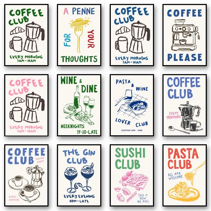 Cafe Morning Breakfast Pasta Coffee Club Kitchen Retro Food Poster Canvas Printing Chef Wall Art Pictures Home Decor No Frame