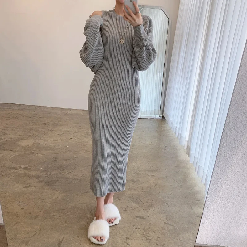 Autumn and Winter New Mid-length Two-piece Knitted Dress Ladies Sexy Package Hip Knitted Dress Set Sweater Inner Wear Outer Wear