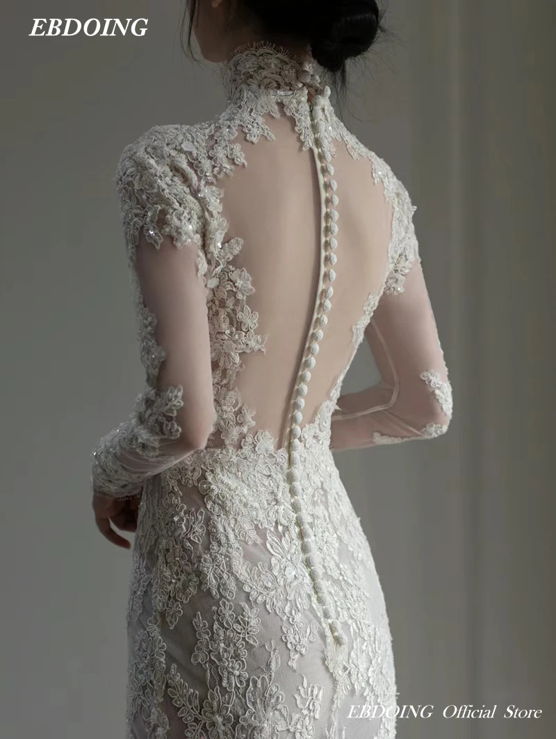 Il più nuovo abito da sposa merletto a sirena per la sposa scollo alto maniche lunghe elegante su misura taglie forti Vestidos De Novias