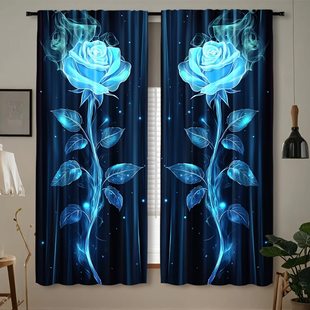 Elegant Luxury Blue Rose Glowing Curtain Pair Romantic Drapes for Bedroom Living Room Window Home Decor