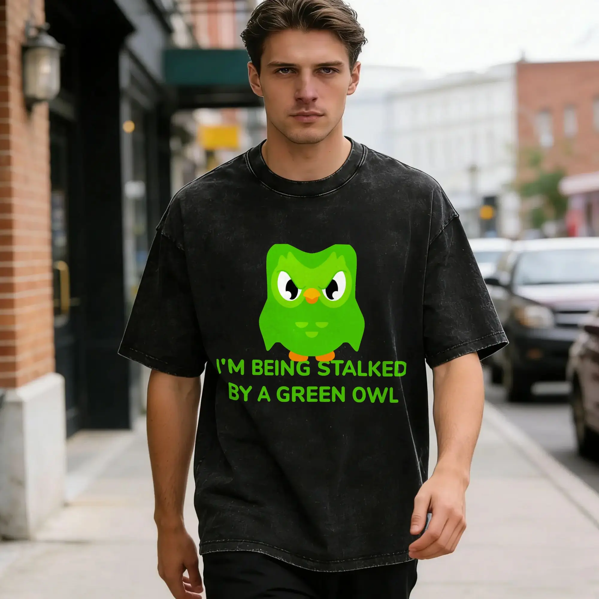 Owl Men's T Shirts Washed Stalked by a Green Duolingos  Awesome Short Sleeve Round Neck T-Shirts 100% Cotton Adult Clothing
