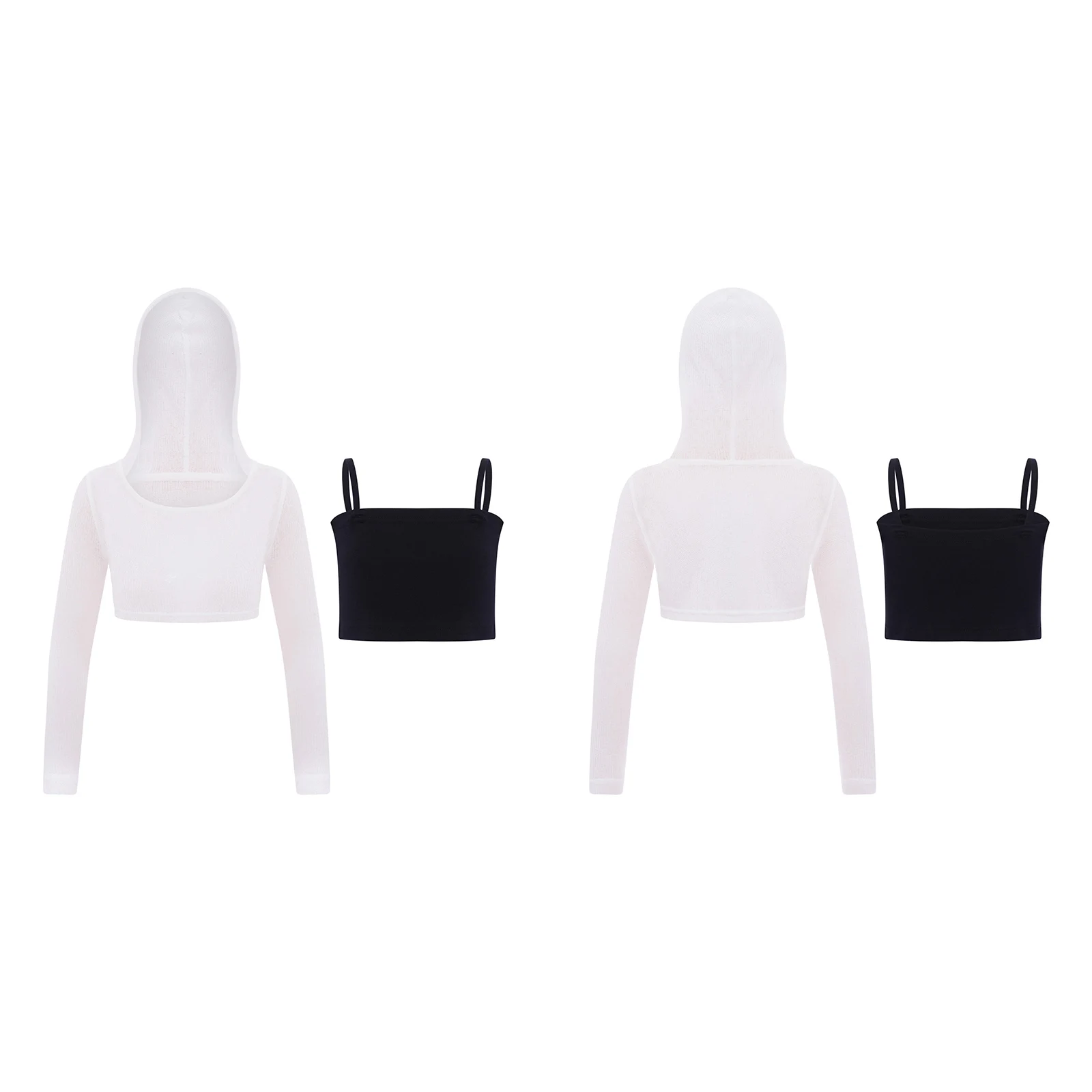 Vêtements de danse pour enfants filles, haut court transparent à capuche à manches longues + Camisole à bretelles Spaghetti pour spectacle de danse de rue Hip Hop Jazz